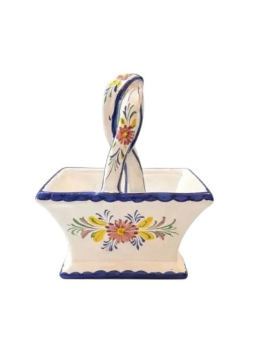 Hand Painted Portuguese Ceramic Basket Blue & White Floral